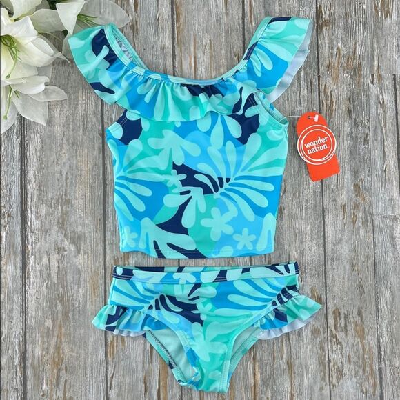Toddler Girl Tropical Print Ruffle Tankini Swimsuit Two-Piece, Size 2T - Picture 1 of 5